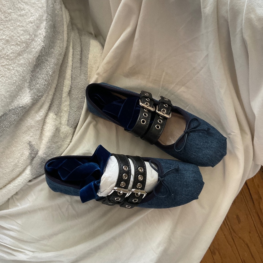 Miu miu denim blue ballet tie flats